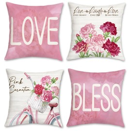 Bonhause Happy Mothers Day Throw Pillow Covers 18x18 Set of 4 Pink Carnation Love Bless Pillows Case Soft Velvet Gift for Mother Grandma Birthday Home Decor