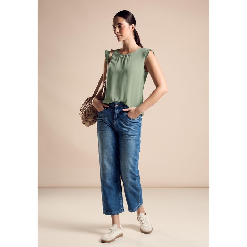 Street One Women's Blouse Top with Frills, Soft Moss Green