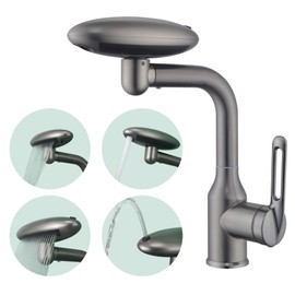 ICREEH Bathroom Sink Faucet 1 Hole, Gunmetal Grey Multifunctional Basin Faucet with 4 Water Outlet Modes, Modern 360°Rotatable Bar Tap with Two Water Supply Pipes
