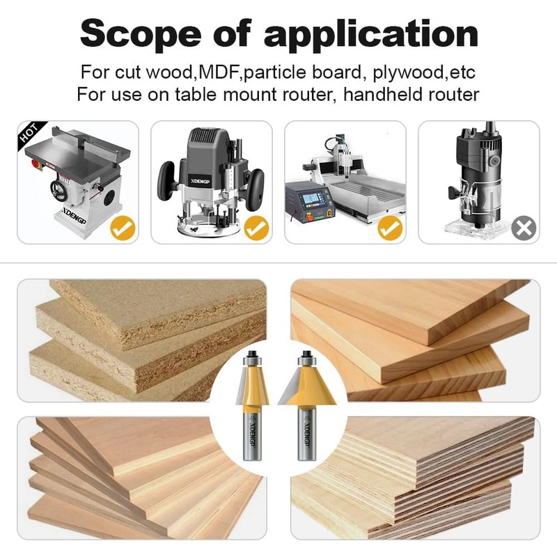 XDENGP 6Pcs Chamfer Router Bits Set 1/2 Inch Shank Carbide