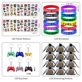 Sroeeshee Video Game Party Bag Fillers - Birthday Party Gift Keychain Game Bracelet Tattoo Stickers, Organza Drawstring Pockets for Kids Boy Gaming Themed Birthday Decorations Supplies