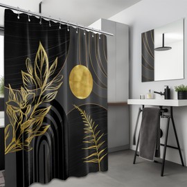 QGHOT Black and Gold Shower Curtain Boho Mid Century Black and Dark Grey and Gold Shower Curtains for Bathroom Decor, Waterproof Cloth Fabric with Hooks, 60" W x 72" L