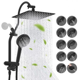Hibbent cUPC Certified All Metal 10" Rainfall Showerhead Combo, High Pressure Shower Head with 10-Spray Mode Handheld, Innovative 4-way Diverter with Pause Mode, 71'' Shower Hose and Holder, Black