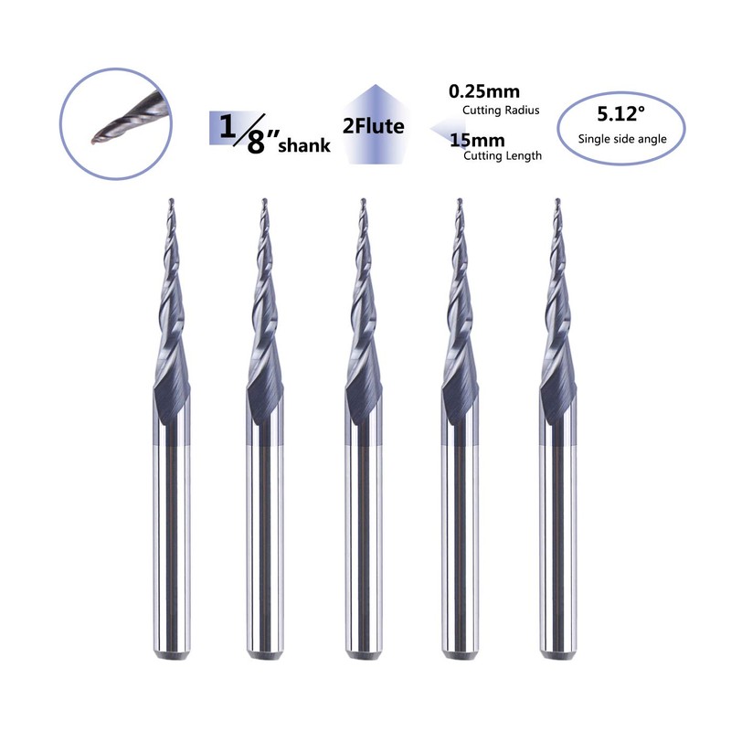 SpeTool 5Pcs Tapered Ball Nose Carving End Mill 1/8 inch
