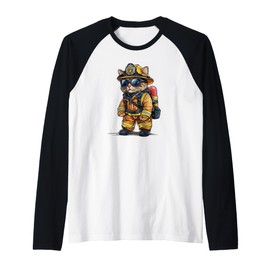 Cool Fire Brigade Cat Costume for Firefighter Raglan Baseball Tee