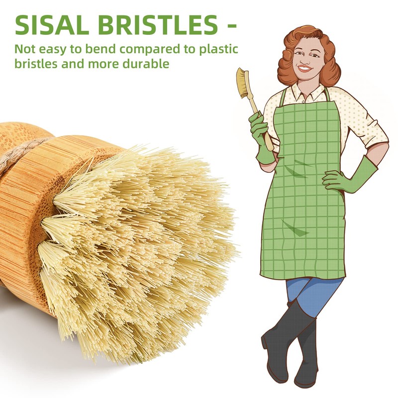 SUBEKYU Bamboo Dish Scrub Brushes for Kitchen, Wooden Cleaning Scrubbers