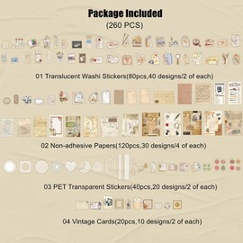 260pcs Vintage Scrapbooking Stickers Pack Vintage Stickers DIY Retro Journaling Supplies Stickers Kit Scrapbook Paper Accessories Stationery Study Washi Paper Sticker D