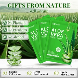 KONEUK 12 Pack Aloe Vera Face Masks Skincare, Sheet Aloe Hydrating Face Mask for Sunburn Relief and After Sun Care, Bulk Aloe Vera Face Mask for Spa Party Gifts