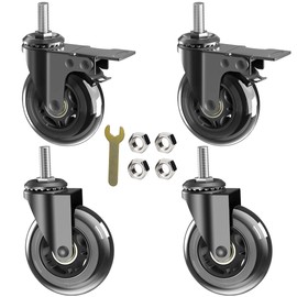 MALLLALA 3" Caster Wheels,Heavy Dudy Swivel Casters Set of 4 (2 with Matel Brake,2 No Brake) 3/8"-16x1"Threaded Stem Casters,No Noise Rubber Wheel Industrial Castor Replacement for Furniture,Cart