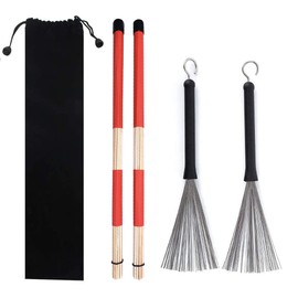 TUOREN 2Pair Jazz Drum Sticks Brushes Kit 1 Pair Retractable Drum Wire Brushes 1 Pair Rods Drum Sricks Brush for Jazz Folk Drummer Playing, Beginner Practicing