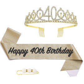 POPOYU 40th Birthday Crown and Sash, Crown 40th Birthday Women, 40th Birthday Tiara, Gold, Crown 40th, 40th Birthday Girl Headpiece for Birthday Gift, Party Accessories