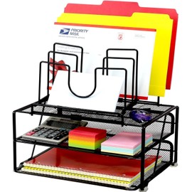 DecoBros Mesh Desk Organizer with Double Tray, 5 Stacking Sorter Sections and Sliding Drawer, Black
