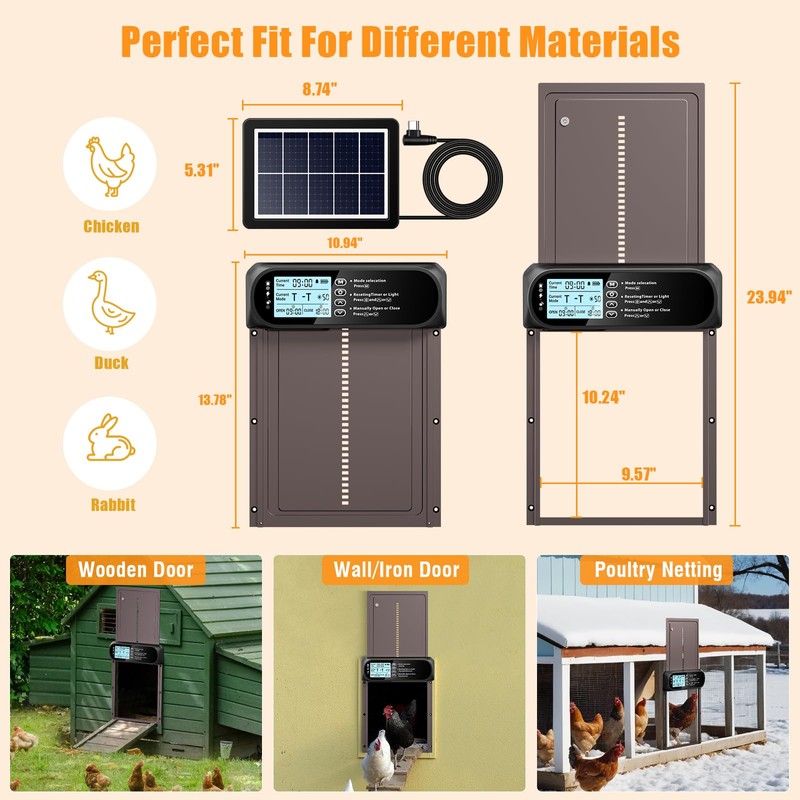 Automatic Chicken Coop Door Solar Powered, LCD Screen Electric Auto