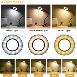 iVict Desk Lamp, Eye Protection Clip on Ring Light, 48 LEDs USB Clip Light with 3 Color Modes 10 Dimmable Brightness, 360° Flexible Gooseneck Desk Light for Study, Read, Office, Dorm