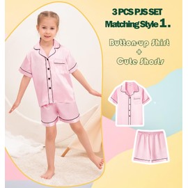 SWOMOG Kids Silky Satin Pajamas Set Girls Boys Button-Down Sleepwear Short Sleeve 3 Piece PJs Sets Lounge Sets Z - Pink -3PCS 120 CM