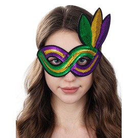 Relyoner Mardi Gras Sequin Mask for Women Costume Shining Fleur De Lis Party Lace-Up Mask (003)