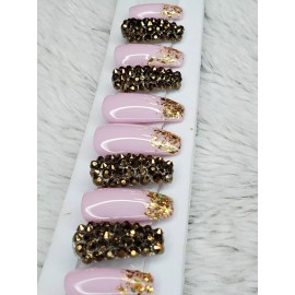 nailed by Rachel Baby pink gold bling short coffin press on nails diamond holographic holo