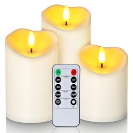 Raycare Outdoor Waterproof Flameless Candles, Battery Operated LED Candles with Remote Control and Timer, Electric Fake Plastic Pillar Candles, Ivory White, Set of 3