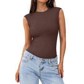 PINKMSTYLE Crew Neck Tank Top Sleeveless Bodysuit for Women Tummy Control Shapewear Thong Bodysuit Tops Dark Brown X-Large