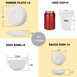 16-Piece Kitchen Plastic Wheat Straw Dinnerware Set, Service for 4, Unbreakable Plastic Dish Set - Dinner Plate/Soy Sauce Dishes/Cereal Bowl/Cup, for Apartment Basics, Outdoor Camping,White