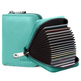 Linno RFID 20 Card Slots Credit Card Holder Genuine Leather Small Card Case for Women or Men Accordion Wallet with Zipper, Tiffany Blue, Compact