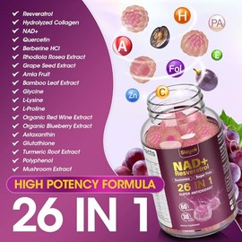 NAD Resveratrol Gummies, NAD Supplements for Women with Hydrolyzed Collagen, Grape Seed, and D-Biotin Support Antioxidant Action, Anti-Aging, Cell Reg