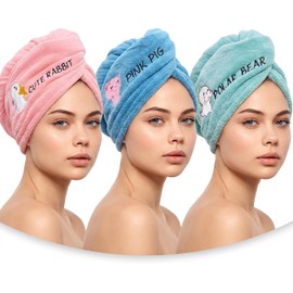 Kit de 3 Toallas Magias de Microfibra para Cabello, Turbante Secado Rápido Doble Grosor Ultra Absorbente y Botón de Cerrado, Ideal Ducha, SPA y Viajes, Gimnasio, Diseños Kawaii Aleatorios