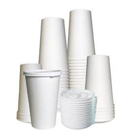 EcoQuality Durable Disposable Paper Cups & Flat Lids For Hot/Cold Drink, Coffee, Tea, Cocoa, Travel - Extra Large 20 Ounce Cups, 250 Count Cups & 250 White Flat Lids - White