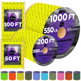 TECEUM Paracord Type III 550 Reflective Neon Yellow – 200 ft – Tactical Rope MIL-SPEC – Outdoor para Cord –Camping Hiking Fishing Gear and Equipment – EDC Parachute Cord – Strong Survival Rope 319rf