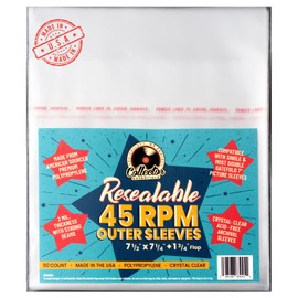 45 RPM RESEALABLE Outer Sleeves - 50 -Pack - Crystal-Clear Polypropylene - USA Made - 2mil Thick - Acid-Free Archival Quality for 7" Vinyl Records