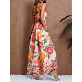 winkbay Women's Boho Floral Maxi Dress Summer Deep V Neck Flowy Sundress Beach Vacation Outfits Multicolor Medium