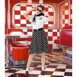 VillbeCoser Sock Hop Outfits Women, 1950s Poodle Skirts, Polo Shirt with 50s Accessories Socks Scarf Headband Belt 10Pcs (BlackDot-L)