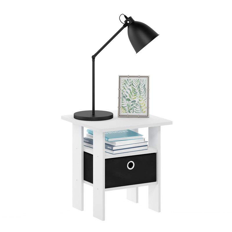 Furinno Andrey End Table Nightstand with Bin Drawer, White/Black