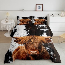 Cow Skin Texture Kids Comforter Set Full Size,Highland Cow Fur Farmhouse Bedding Set,Girls Boys Adults Home/Guest Room Decor,Rustic Vintage Down Comforter,Brown Grey Duvet Insert,3pcs,2 Pillowcases