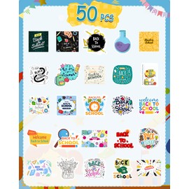 50Pcs Back to School Stickers for Kids: Waterproof School Stickers for Teacher Students, First Day of School Teacher Reward, Cute Campus Stickers for Water Bottles Classroom DIY Crafts Favor Supplies