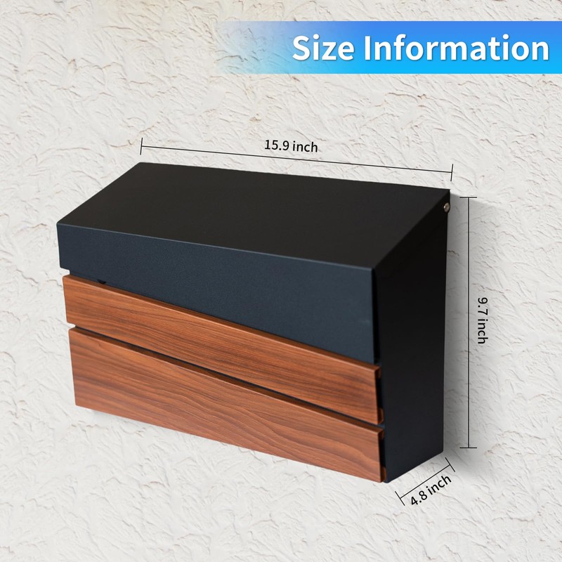 xhlokk Wall-Mount Mailbox, Walnut Wood Panel, Rust Resistant Large Capacity