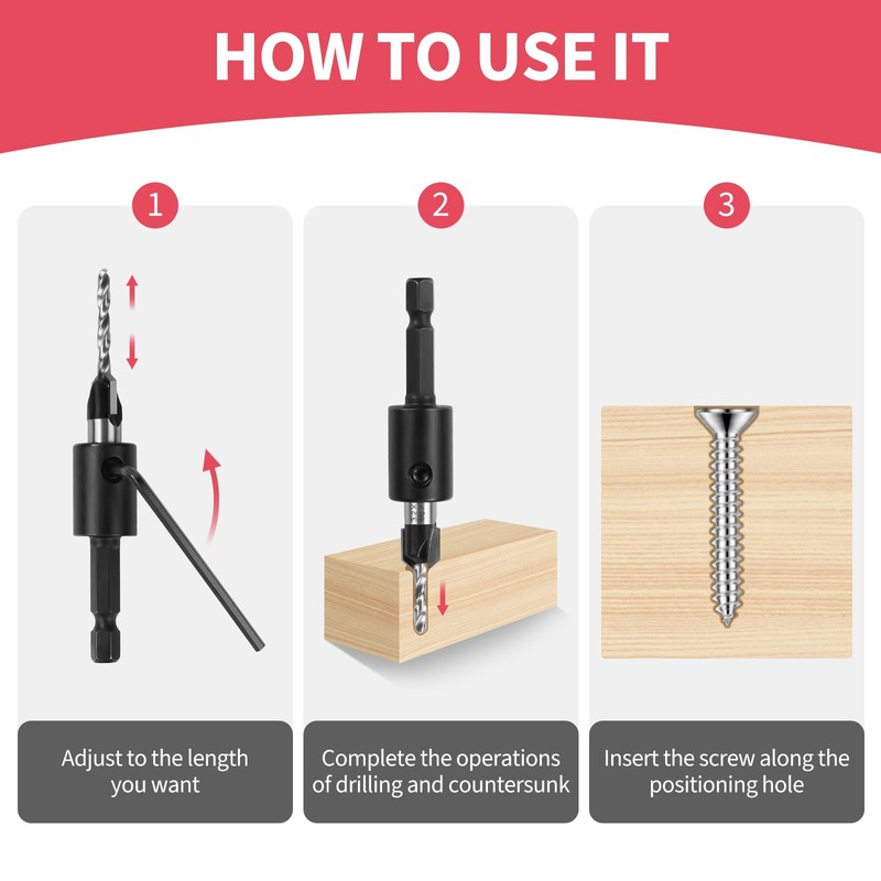 Countersink Drill Bit Set, 5 pcs Carbide Drill Bits with