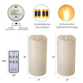 Flickering Flameless Candles - Last 600+ Hours,Moving Wick & Flickering Flame - Battery Candles as a Home Decoration on Fireplace,Wall,Window,Dining Table end Table.(3X6 2PC AA bat Style)