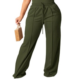 Tycorwd Women's Plus Size Casual Wide Leg Pants High Waisted Drawstring Baggy Sweatpants Elastic Straight Leg Lounge Pants with Pockets Army Green 1XL