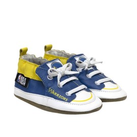 Robeez Baby Boys and Girls Basketball Team Soft Soles Slip-Resistant Crib Shoes Slippers for Infant and Toddler,Golden State Warriors Blue Leather,0-6 Months Infant