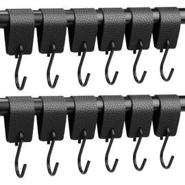 Teokantz Pack of 12 S Hooks Black with Leather Loop, Clothes Rail Hooks with Leather Loop, Hook for Hanging for Kitchen, Bathroom, Bedroom, Living Room