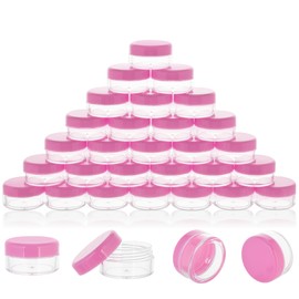 10 Gram 40 Count Sample Containers, Small Plastic Containers with Lids, Empty Sample Jars with Labels and Mini Disposable Spatulas(Pink Lid)