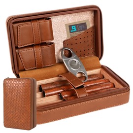 Humidor for 4 Cigars, Cedar Wood Interior, Woven Grain Leather, Complete with Stainless Steel Cigar Cutter, the Humidor Would Make a Great Gift for Birthdays, Groomsmen or Father's Day