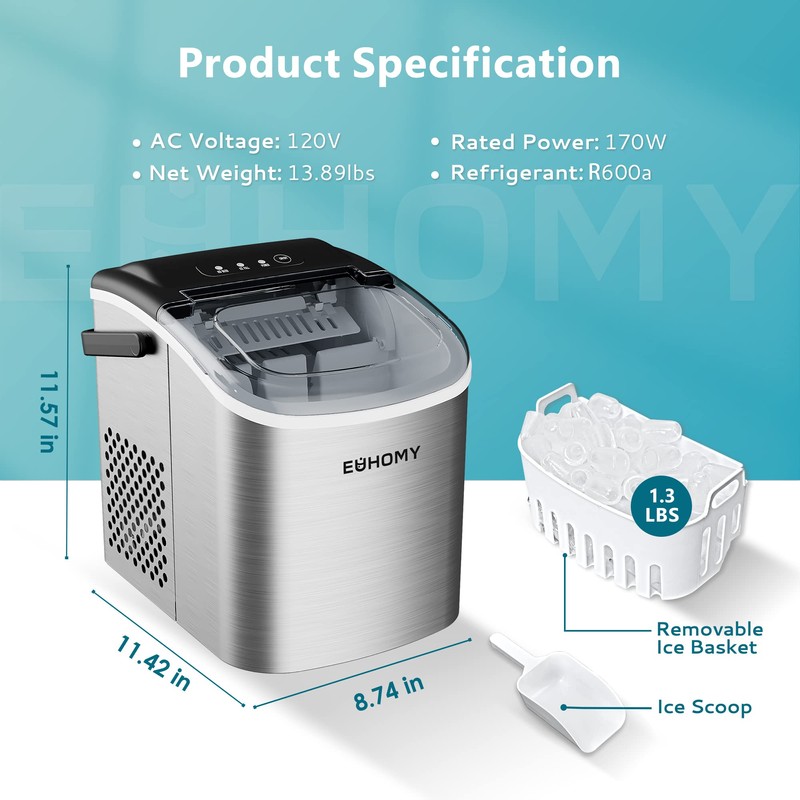 EUHOMY Countertop Ice Maker Machine with Handle, 26lbs Per Day,