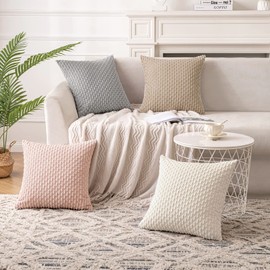 ANRODUO Pack of 2 Cream White Pillow Covers Decorative Throw Pillow Covers 20x20 Inch for Couch Bed Living Room Soft Corduroy Striped Square Cushion Covers Rustic Farmhouse Pillow Fall Home Decor