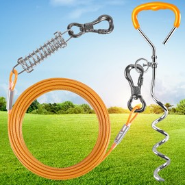 XiaZ Dog Tie Out Cable and Stake, 50 FT Chain with Swivel Hook and Shock Absorbing Spring, Lead for Yard, Outdoor and Camping, Up to 125 LBS