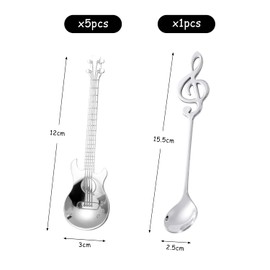 5 Pcs Guitar Coffee Spoons and 1 Pcs Music Note Spoons, Interesting Music Decoration Gift Spoons, Stainless Steel Music Note Dessert Spoons for Latte Desserts (Silver)