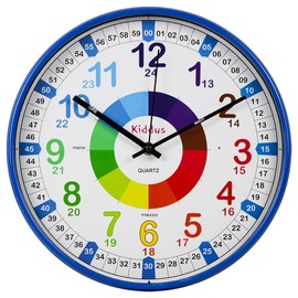 Kiddus Kid’s Wall Clock Analogue Time Teacher with Time Learning Exercises, Silent Clock, Multiple Languages, English, XL Blue