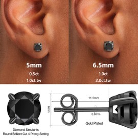 KRKCLIFE Black Moissanite Earrings for Men, Lab Created Diamond Stud Earrings Solitaire Style,925 Sterling Silver,D Color VVS1,Hypoallergenic 14K Gold Friction Back Earrings Jewelry for Men Gift