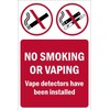 No smoking or vaping, vape detectors have been installed, prohibition sign - 1mm flexible Plastic sign (200mm x 150mm)